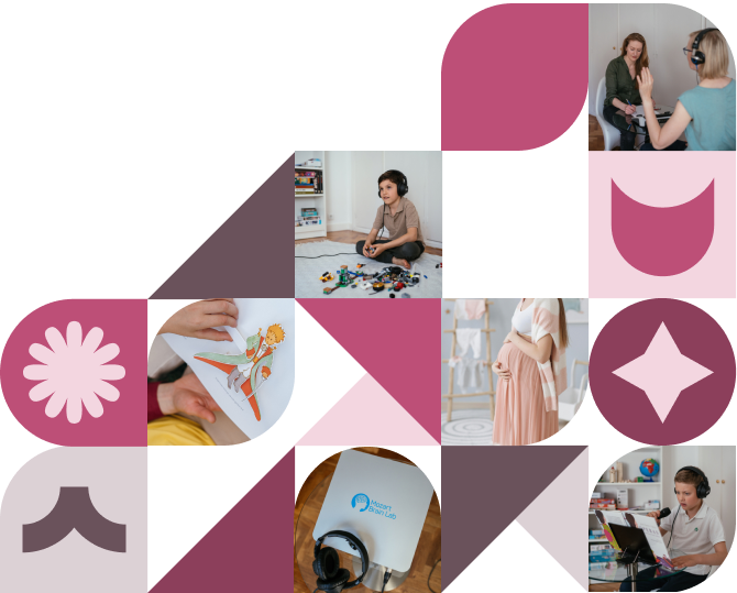 Mosaic from light and dark purple and brown colour shapes and photos